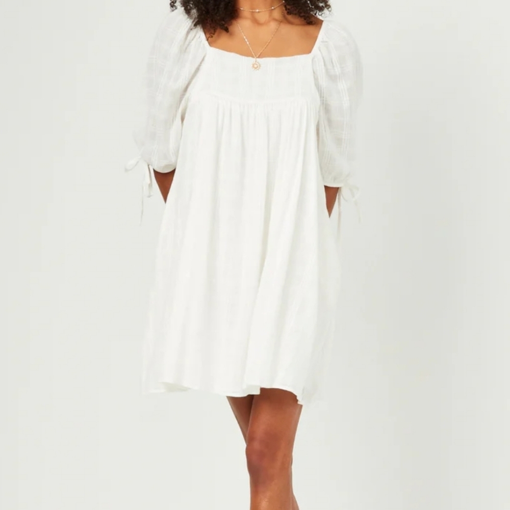 Hadley Textured Solid Checkered Tie Sleeve Square Neck Dress